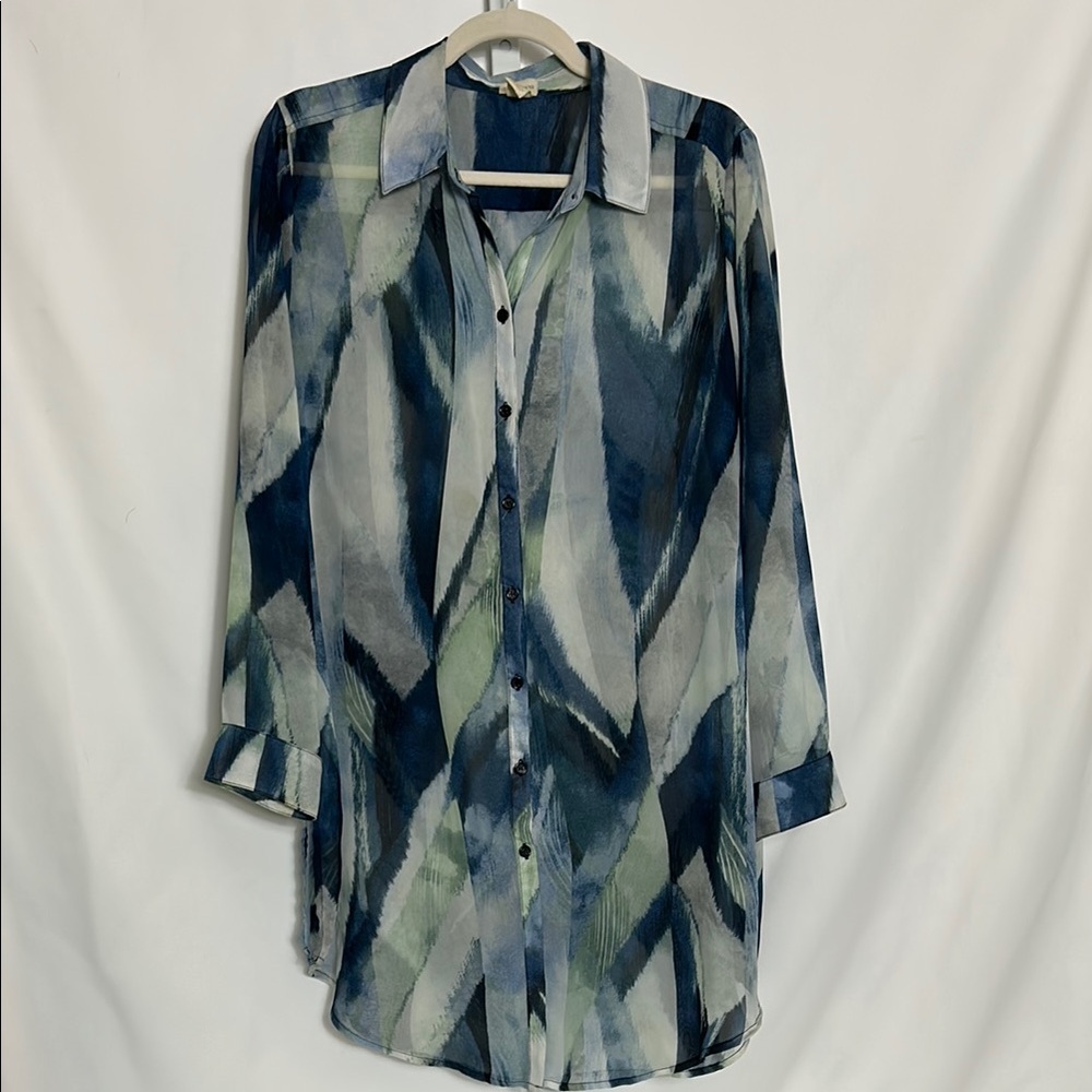 Chico’s Women’s Size Large Blue Green Top Button Front Long Sleeve Sheer Blouse